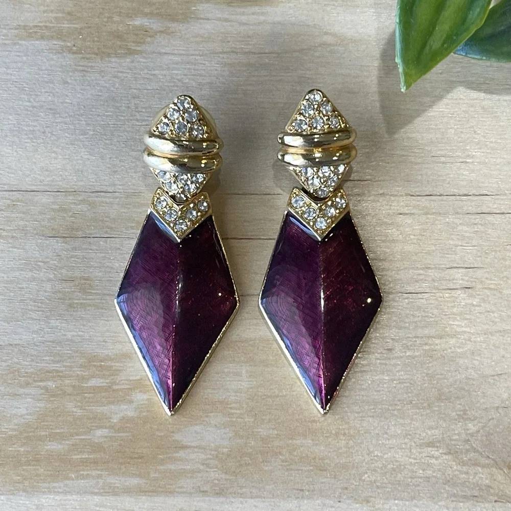 Vintage 80-90s Purple Enamel Geometric Kite Dangle Earrings Gold Tone Rhinestone